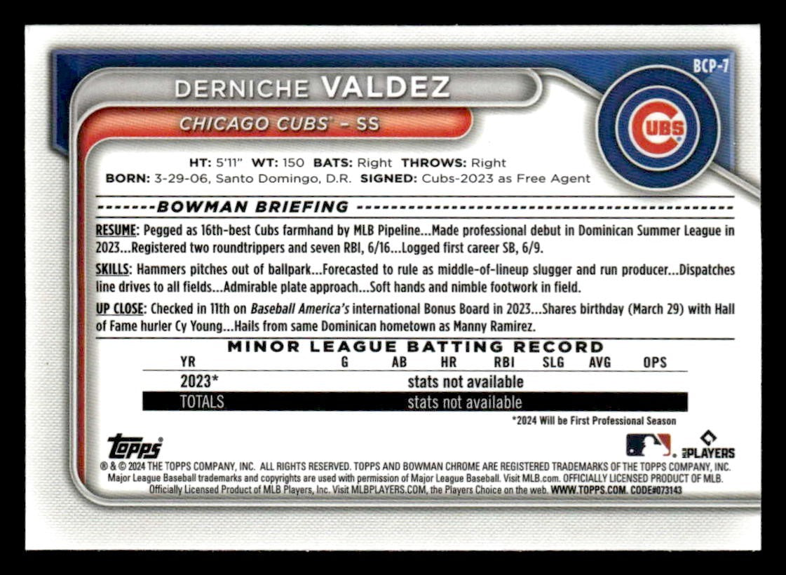 2024 Bowman #BCP-7 Derniche Valdez Chrome Prospects