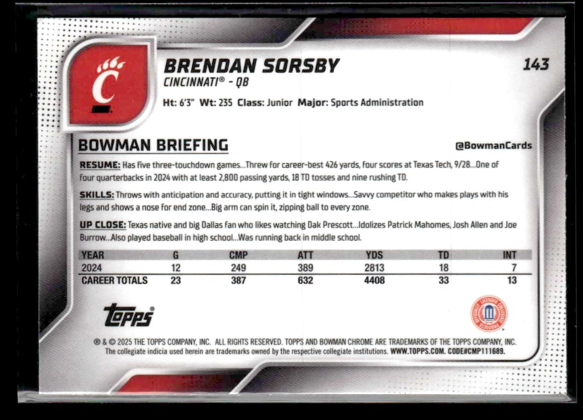 2025 Bowman University Chrome #143 Brendan Sorsby