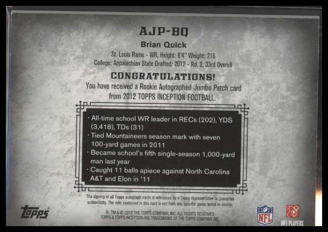 2012 Topps Inception #AJP-BQ Brian Quick Rookie Jumbo Patch Autos Green #/50