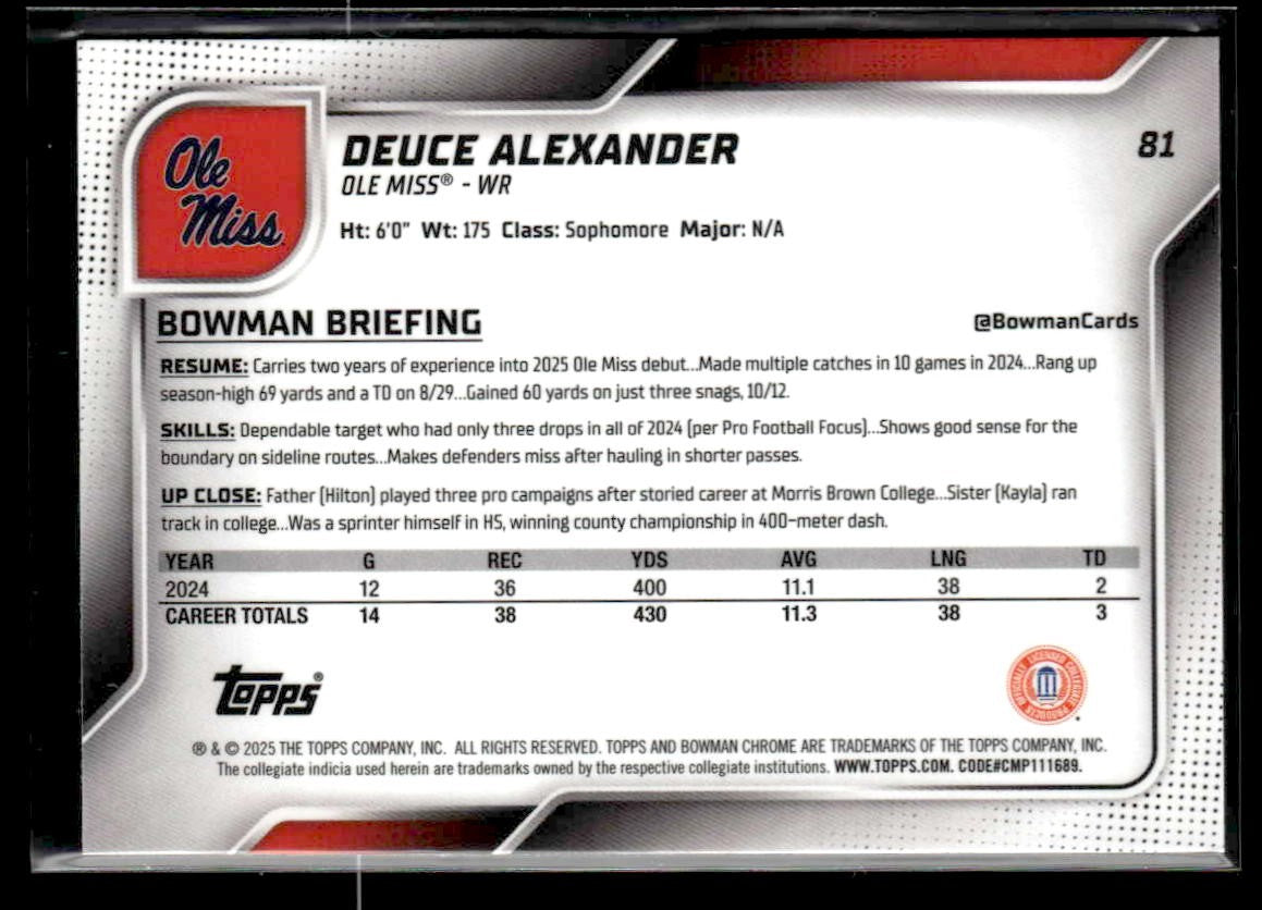 2025 Bowman University Chrome #81 Deuce Alexander