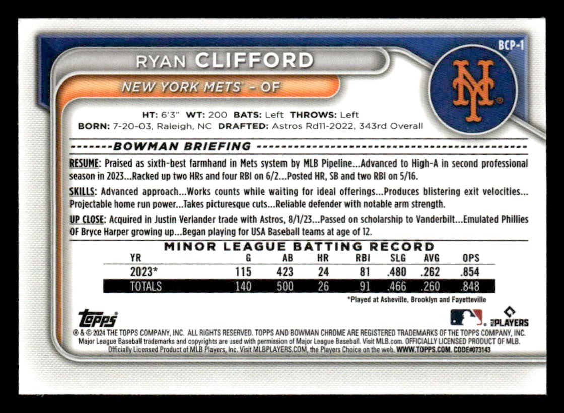 2024 Bowman #BCP-1 Ryan Clifford Chrome Prospects
