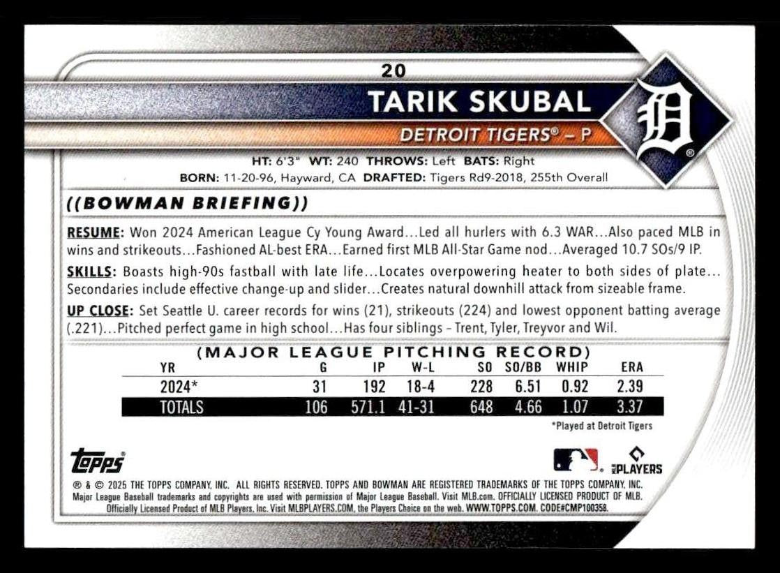 2025 Bowman #20 Tarik Skubal