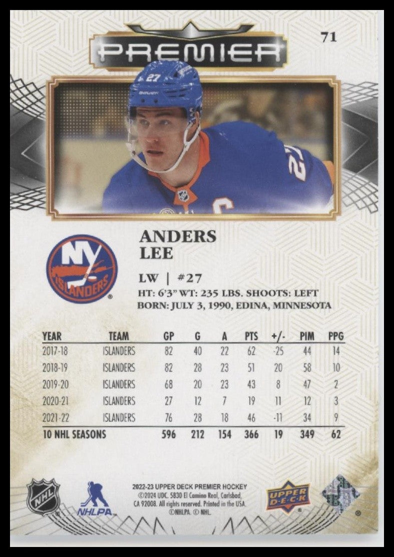 2022-23 Upper Deck Premier #71 Anders Lee Gold #/65