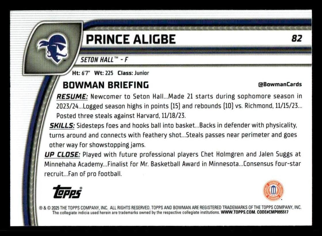 2024-25 Bowman University Chrome #82 Prince Aligbe