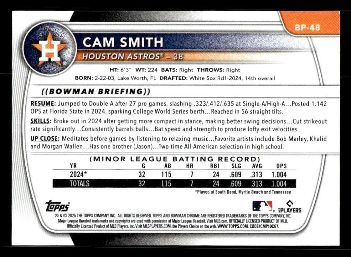 2025 Bowman #BP-48 Cam Smith Prospects