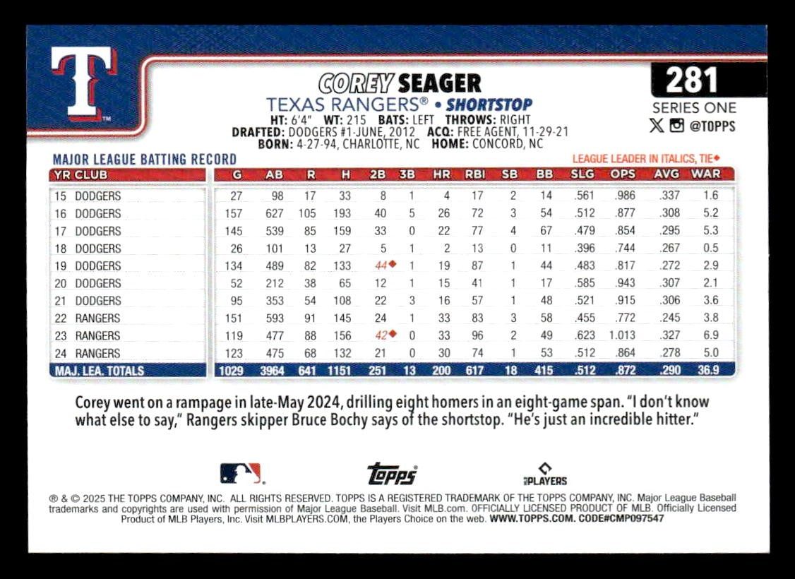 2025 Topps #281 Corey Seager