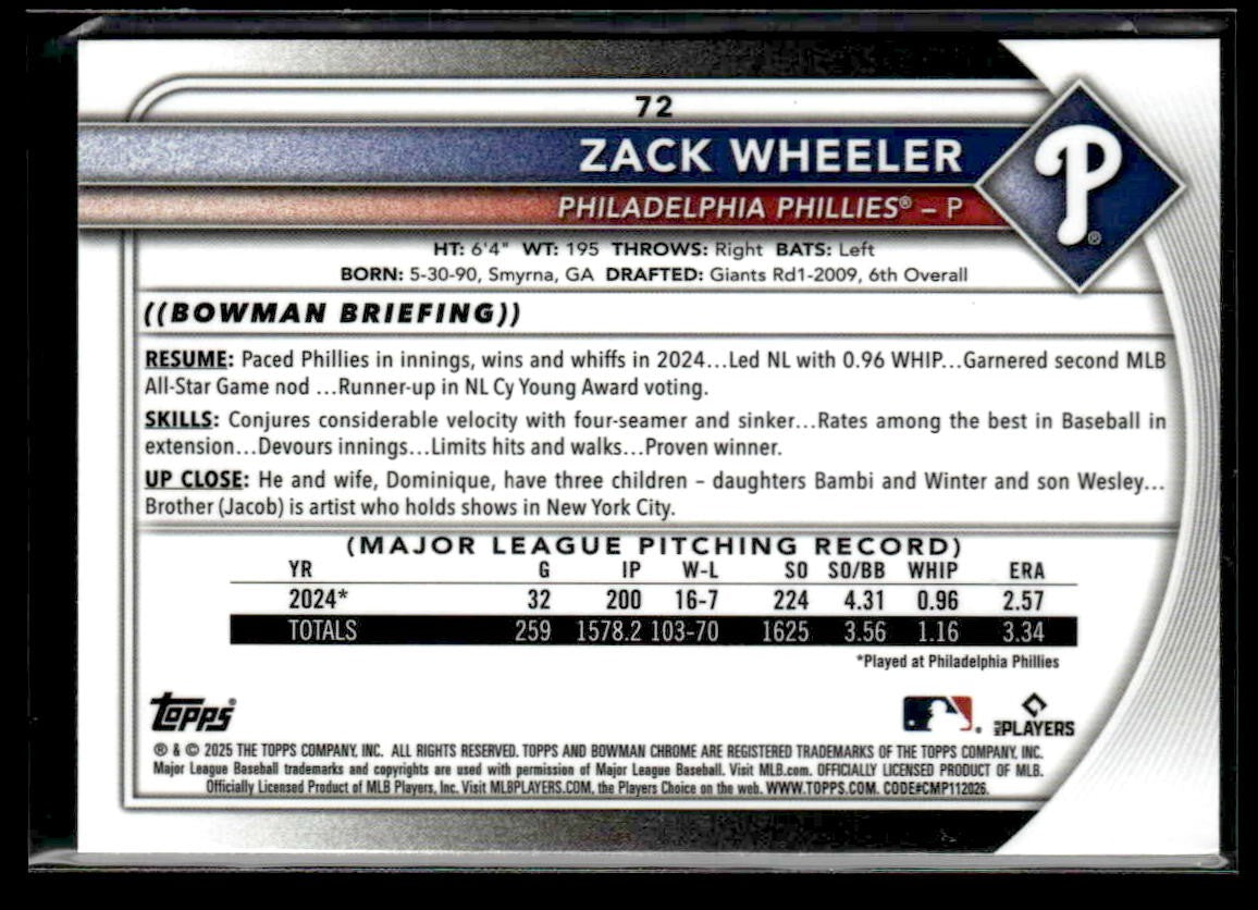 2025 Bowman Chrome #72 Zack Wheeler
