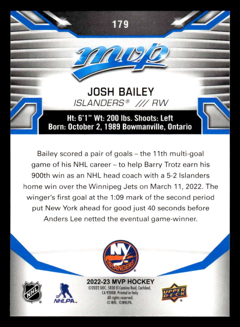 2022-23 Upper Deck MVP #179 Josh Bailey Blue Script