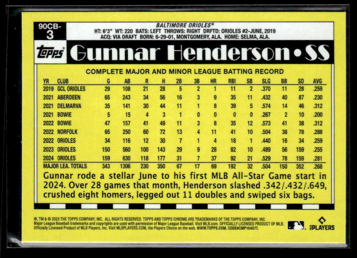 2025 Topps Chrome #90CB-3 Gunnar Henderson 1990 Topps Baseball 35th Anniversary