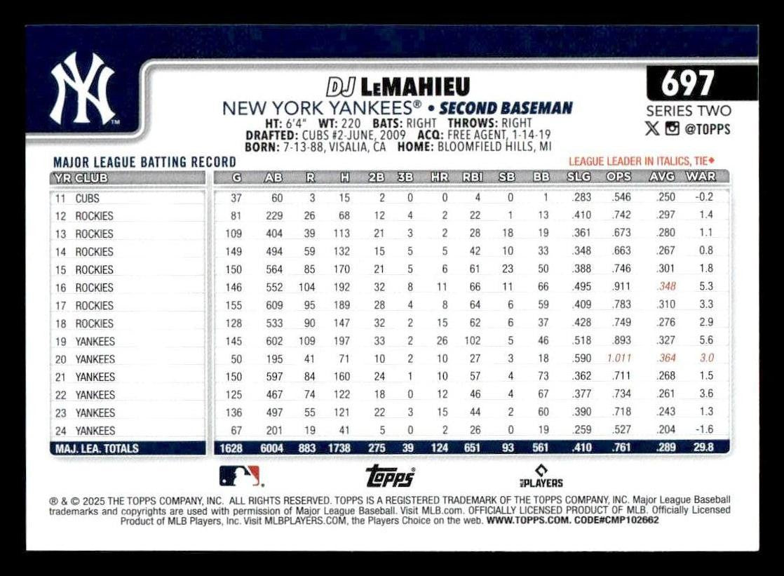 2025 Topps #697 DJ LeMahieu