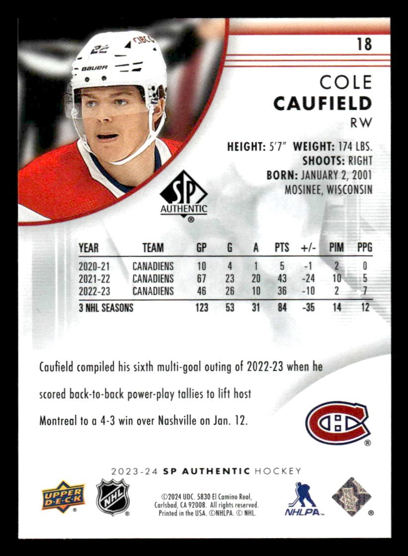 2023-24 SP Authentic #18 Cole Caufield