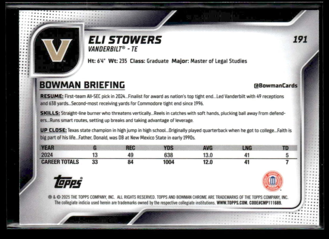 2025 Bowman University Chrome #191 Eli Stowers