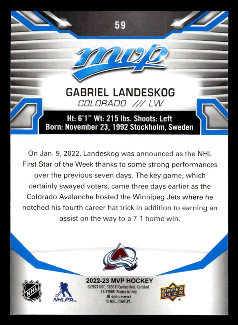 2022-23 Upper Deck MVP #59 Gabriel Landeskog Blue Script