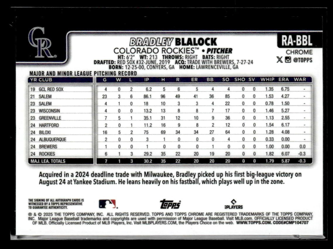 2025 Topps Chrome #RA-BBL Bradley Blalock Rookie Autographs