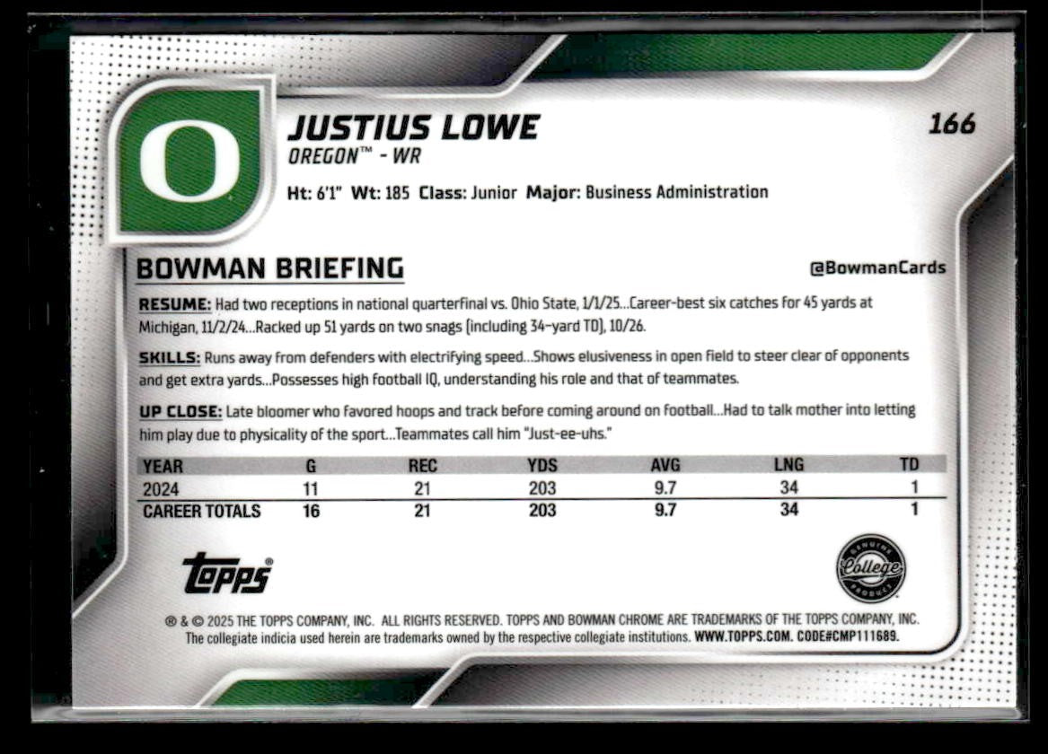 2025 Bowman University Chrome #166 Justius Lowe Xfractor