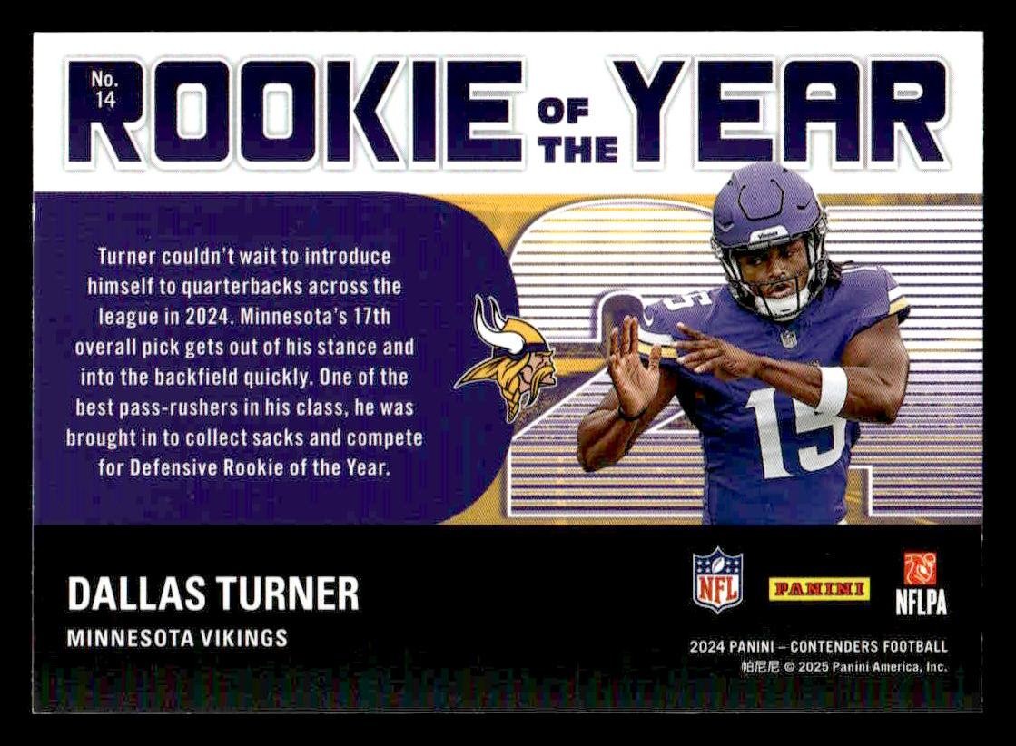 2024 Panini Contenders Football Sparkle #14 Dallas Turner Rookie of the Year