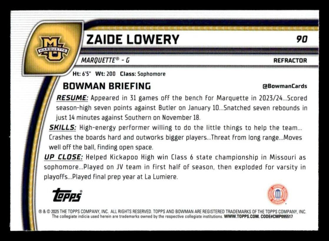 2024-25 Bowman University Chrome #90 Zaide Lowery Refractor