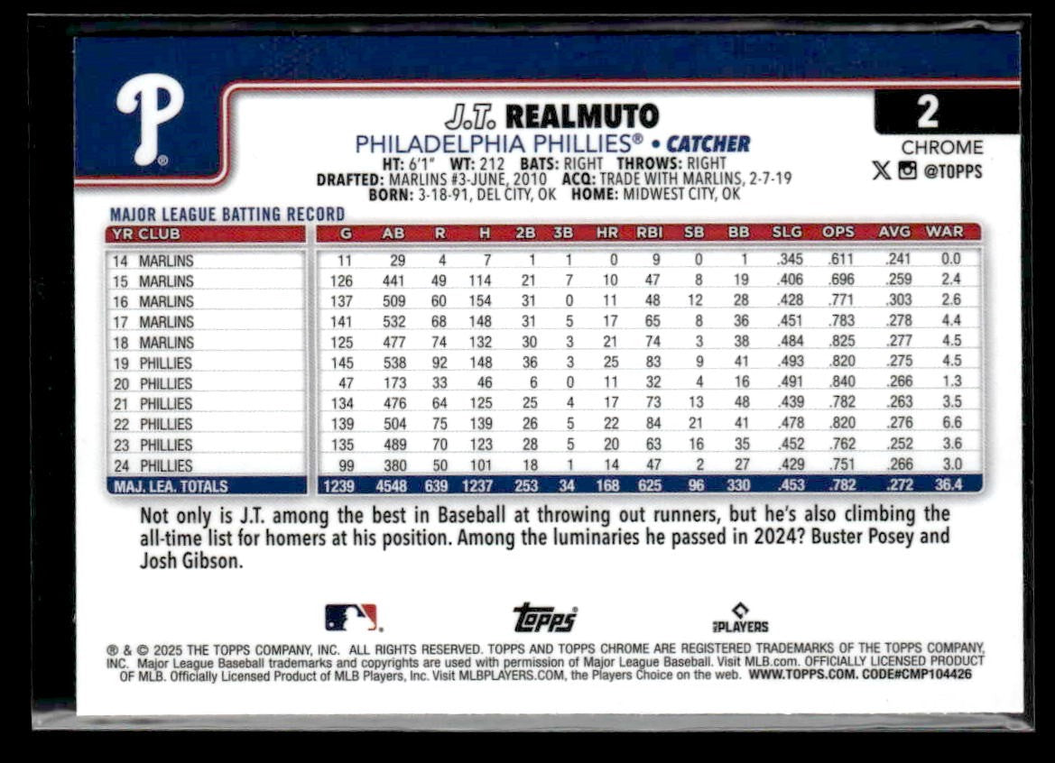 2025 Topps Chrome #2 J.T. Realmuto Prism Refractors