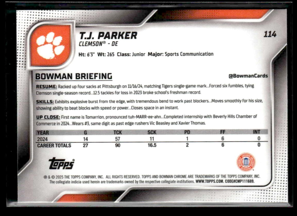 2025 Bowman University Chrome #114 T.J. Parker