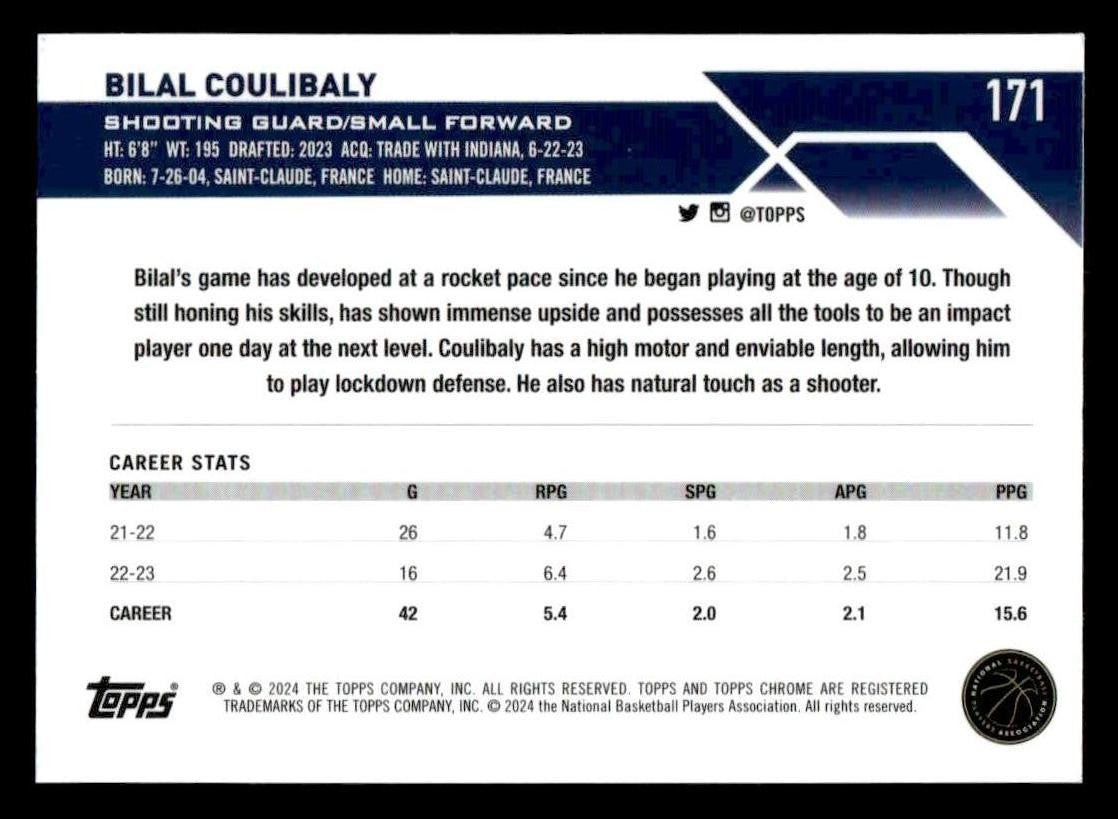 2023-24 Topps Chrome Sapphire Edition #171 Bilal Coulibaly
