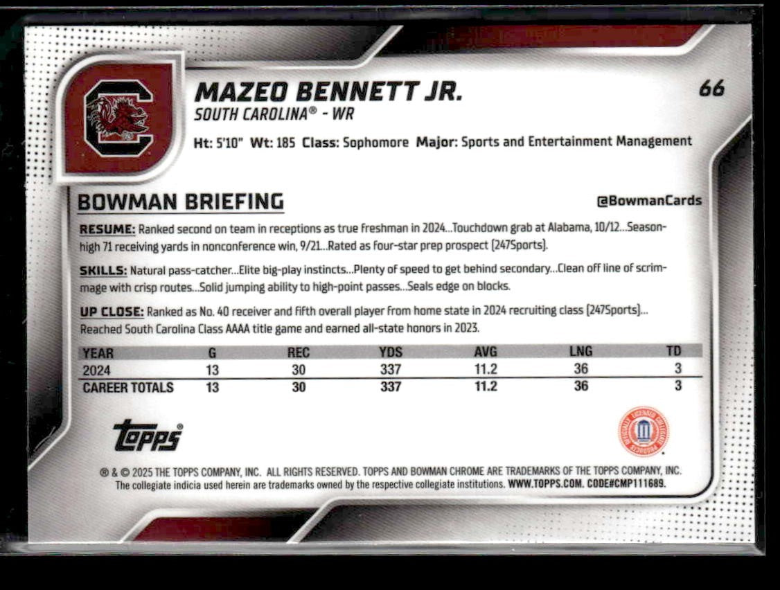 2025 Bowman University Chrome #66 Mazeo Bennett Jr.