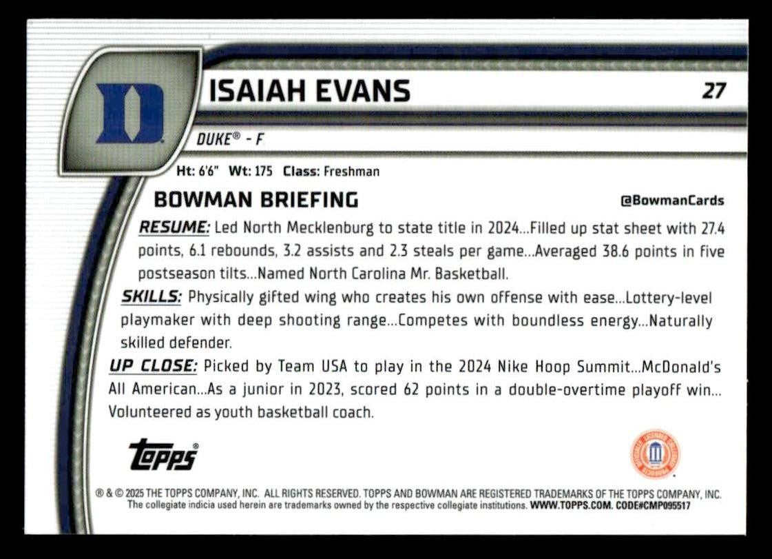 2024-25 Bowman University Chrome #27 Isaiah Evans