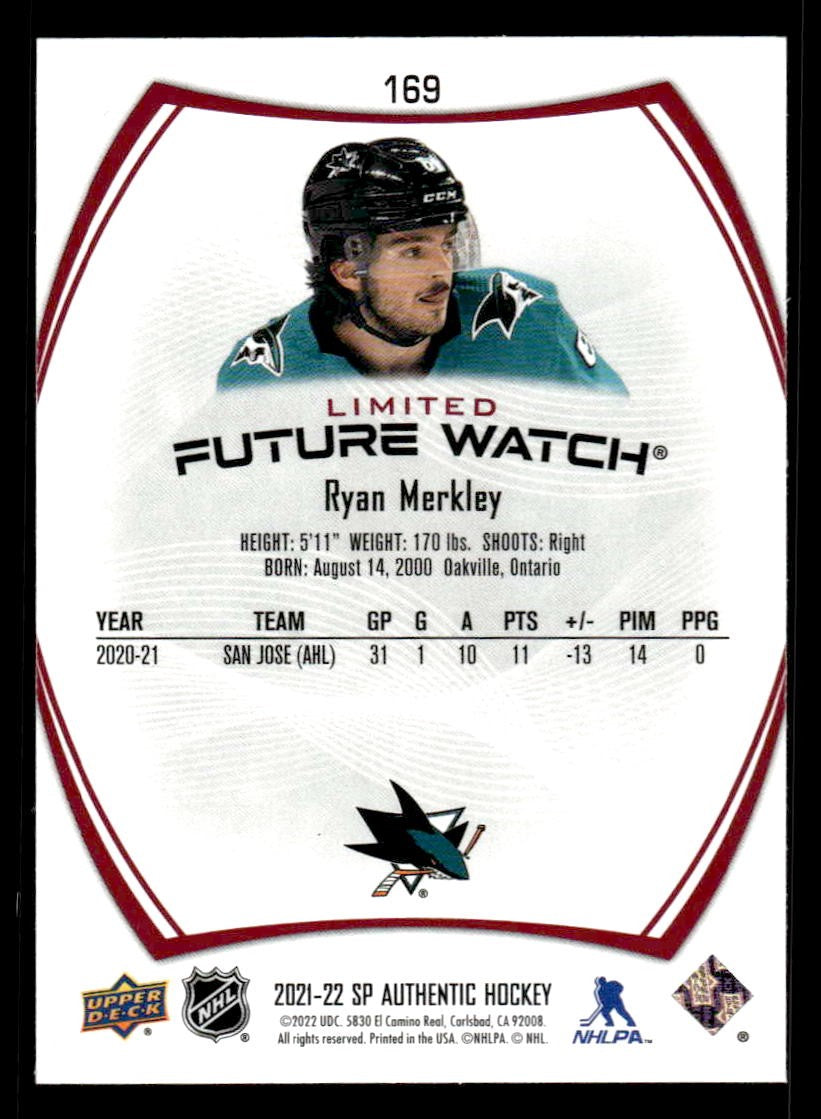 2021-22 SP Authentic #169 Ryan Merkley Limited Red