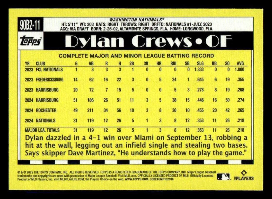 2025 Topps #90B2-11 Dylan Crews 1990 Topps Baseball 35th Anniversary