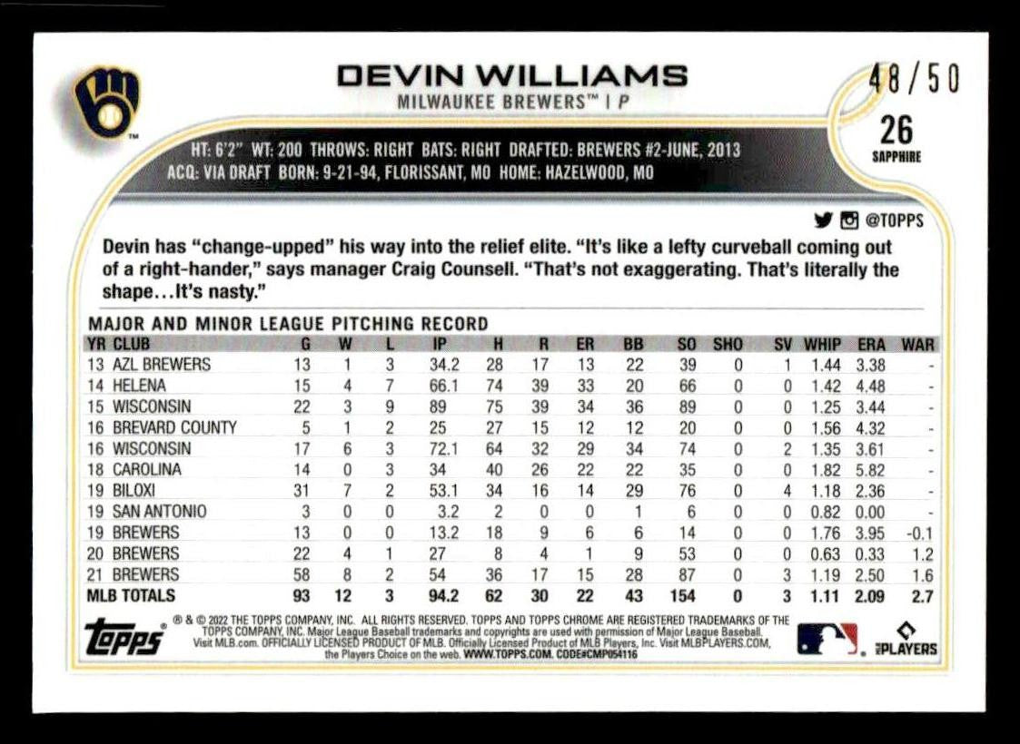 2022 Topps Chrome Sapphire Edition #26 Devin Williams Gold #/50