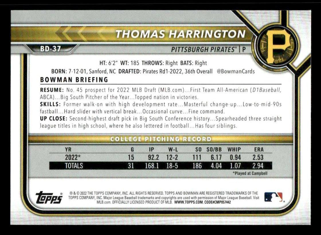 2022 Bowman Draft 1st Edition #BD-37 Thomas Harrington