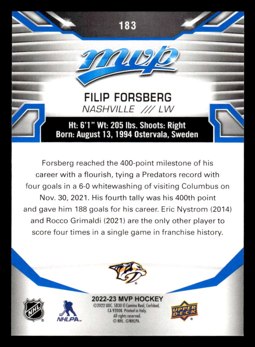 2022-23 Upper Deck MVP #183 Filip Forsberg Blue Script