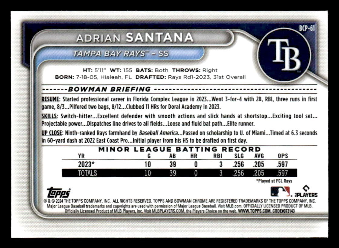 2024 Bowman #BCP-61 Adrian Santana Chrome Prospects