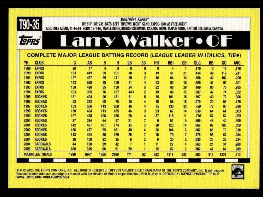 2025 Topps #T90-35 Larry Walker 1990 Topps Baseball 35th Anniversary