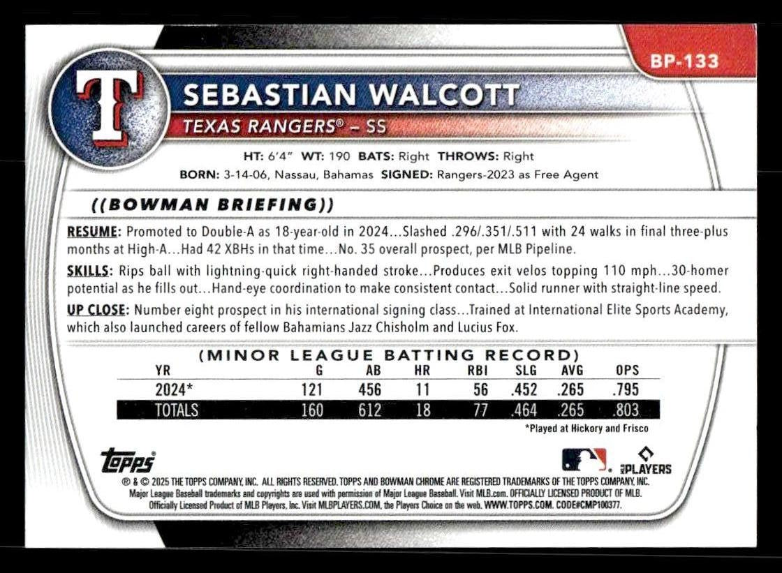 2025 Bowman #BP-133 Sebastian Walcott Prospects