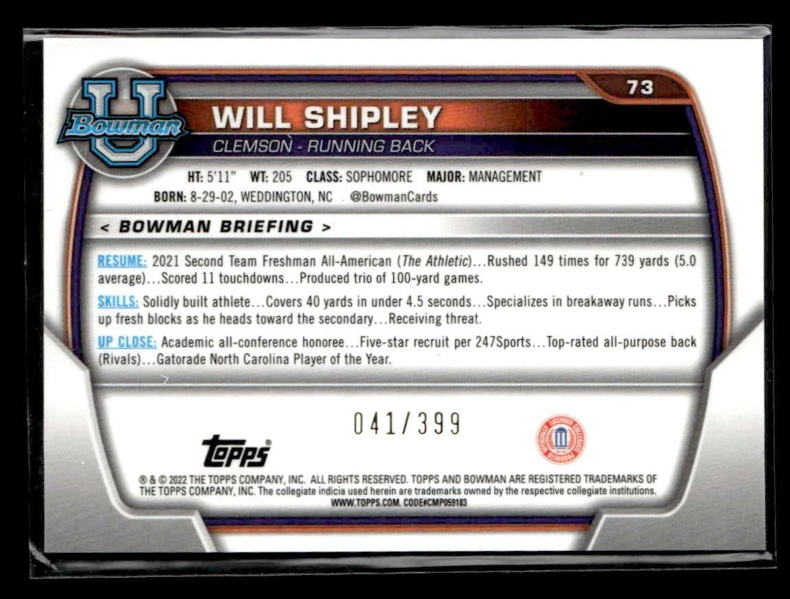 2022 Bowman University Chrome #73 Will Shipley Purple Shimmer Refractor #/399