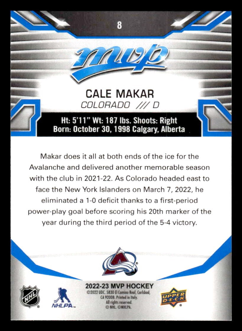 2022-23 Upper Deck MVP #8 Cale Makar Blue Script
