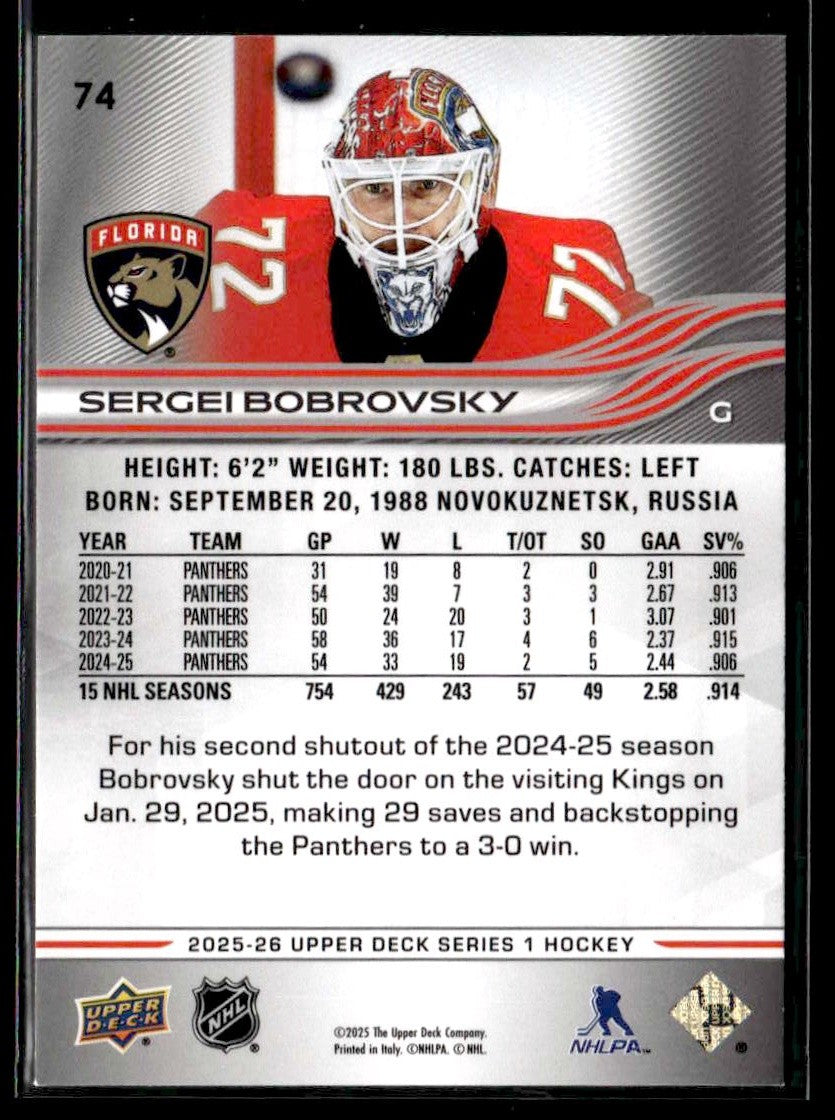 2025-26 Upper Deck #74 Sergei Bobrovsky