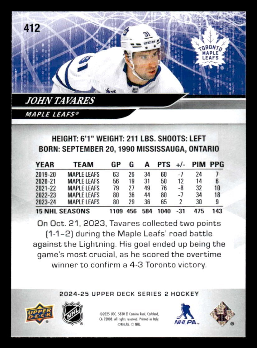 2024-25 Upper Deck #412 John Tavares