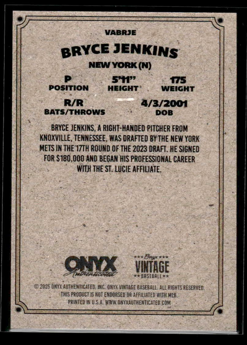 2025 Onyx Vintage #VABRJE Bryce Jenkins Autographs