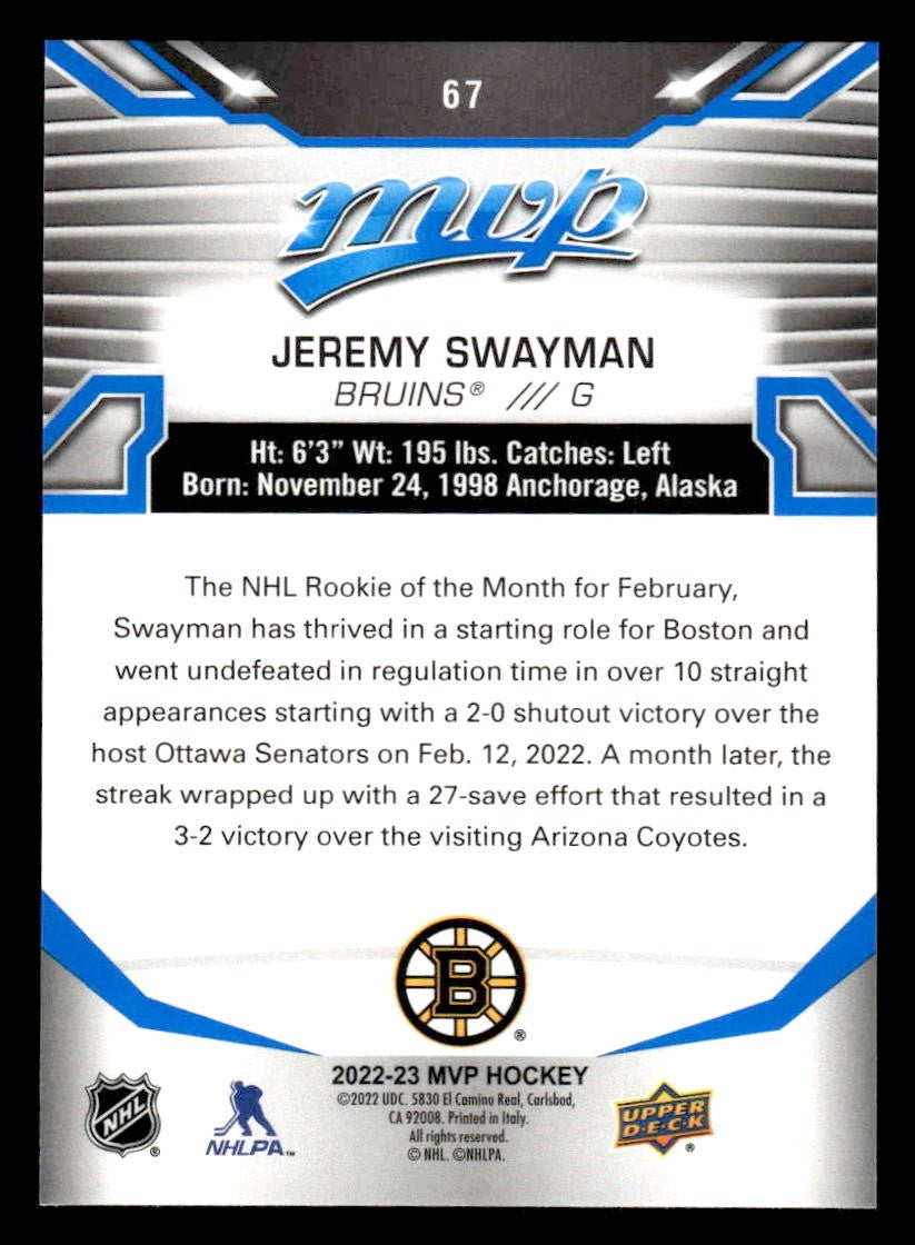2022-23 Upper Deck MVP #67 Jeremy Swayman Blue Script