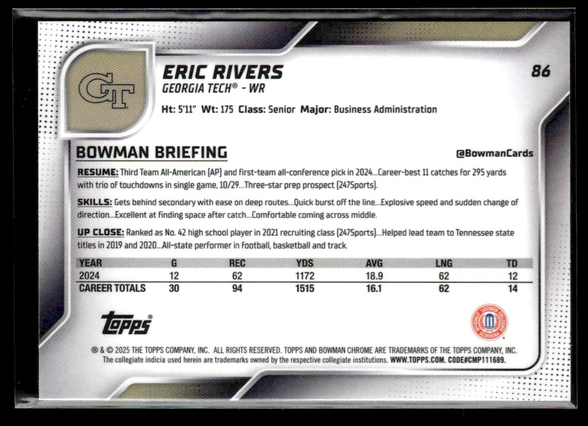 2025 Bowman University Chrome #86 Eric Rivers