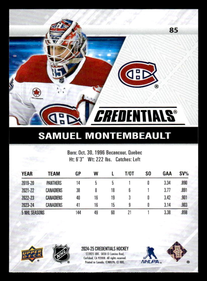 2024-25 Upper Deck Credentials #85 Samuel Montembeault