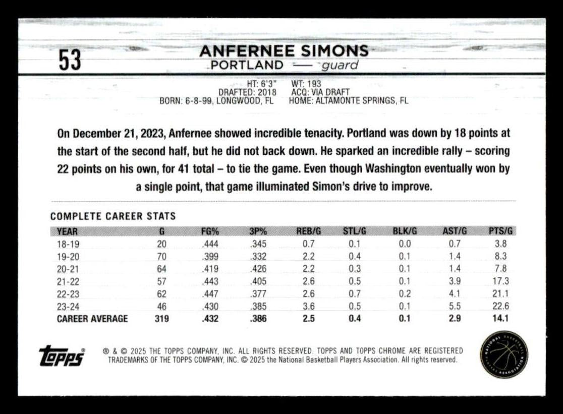 2024-25 Topps Chrome #53 Anfernee Simons
