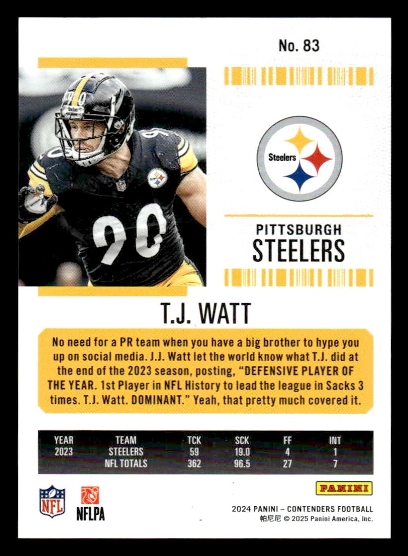 2024 Panini Contenders Football FOTL #83 TJ Watt Season Ticket #/49