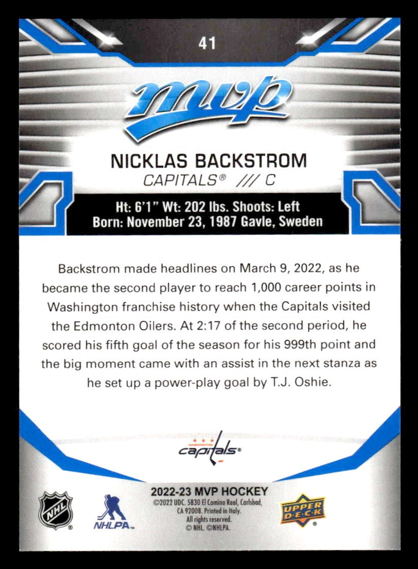 2022-23 Upper Deck MVP #41 Nicklas Backstrom Blue Script
