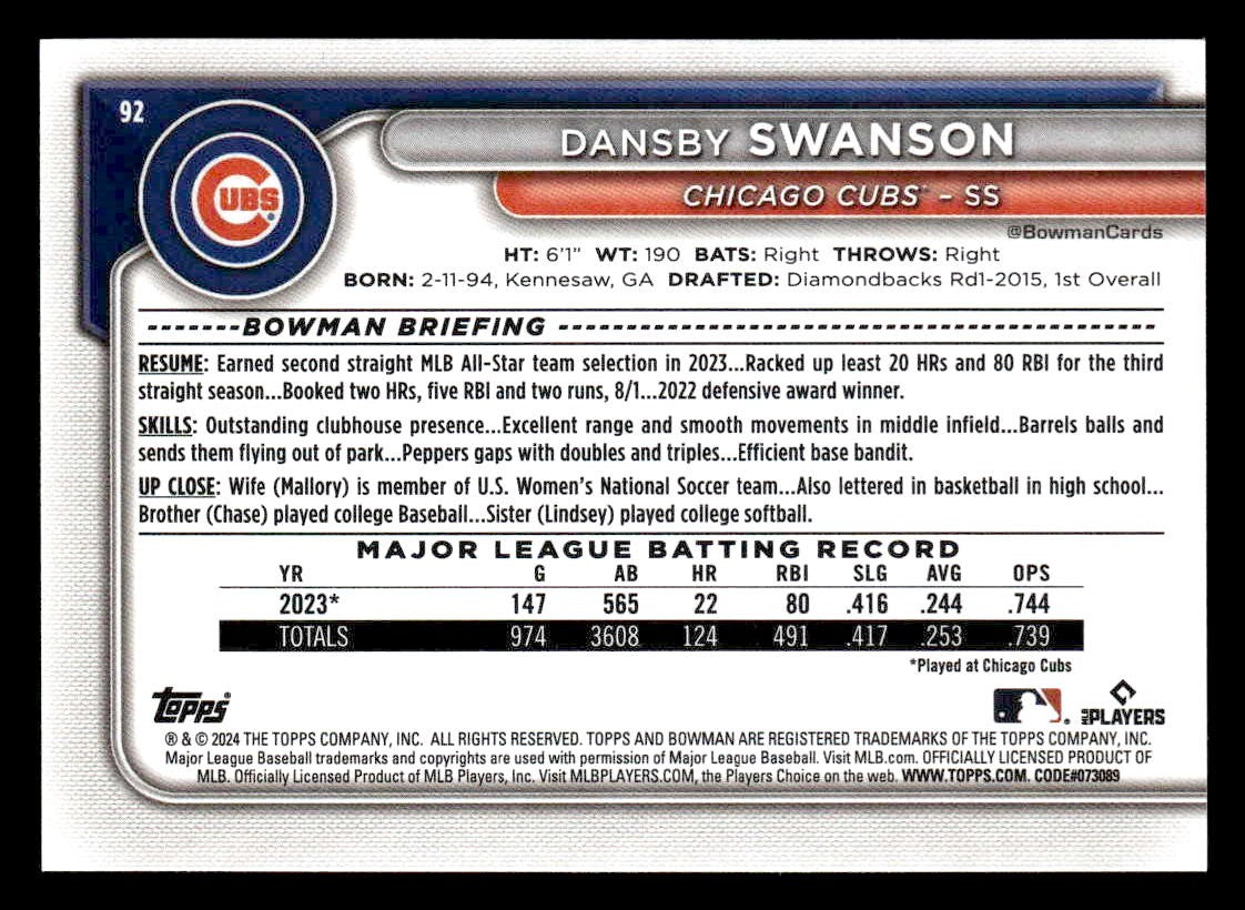 2024 Bowman #92 Dansby Swanson