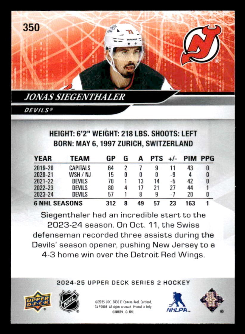 2024-25 Upper Deck #350 Jonas Siegenthaler