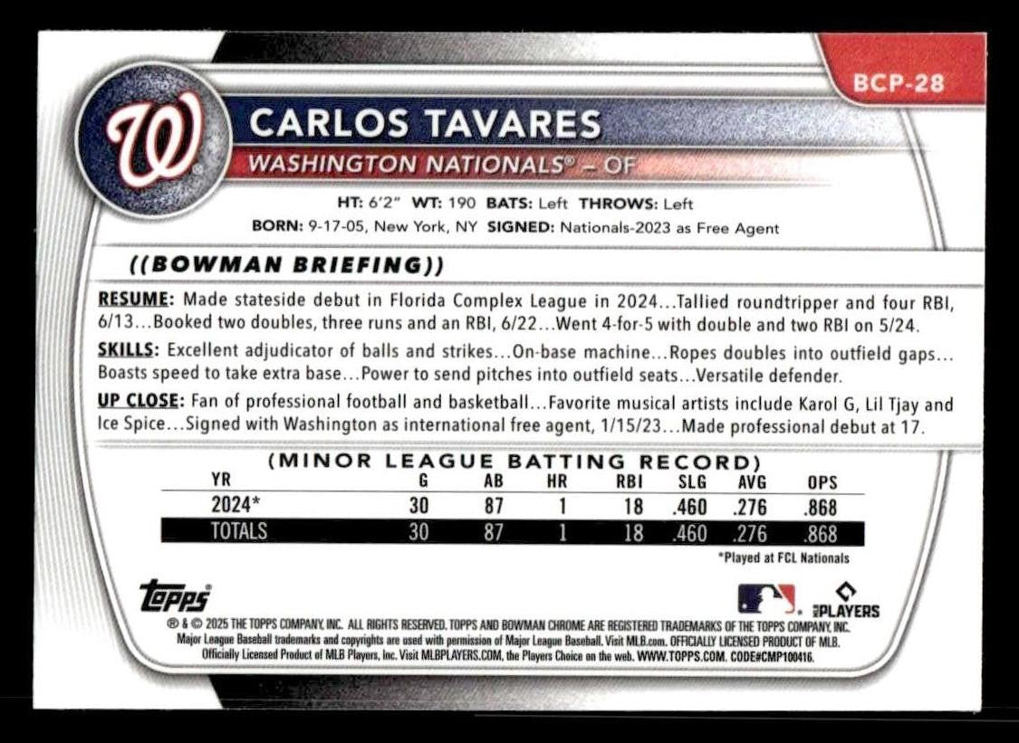 2025 Bowman #BCP-28 Carlos Tavares Chrome Prospects