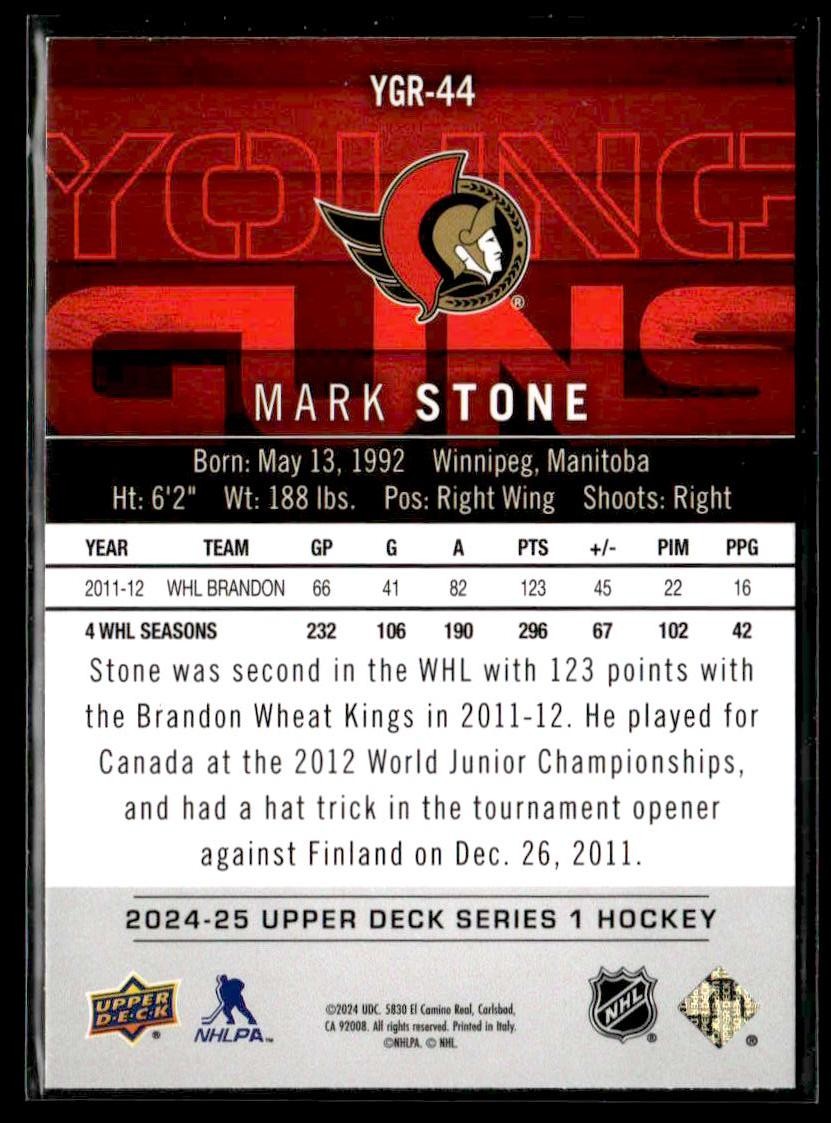 2024-25 Upper Deck #YGR-44 Mark Stone Young Guns Renewed (Series One)