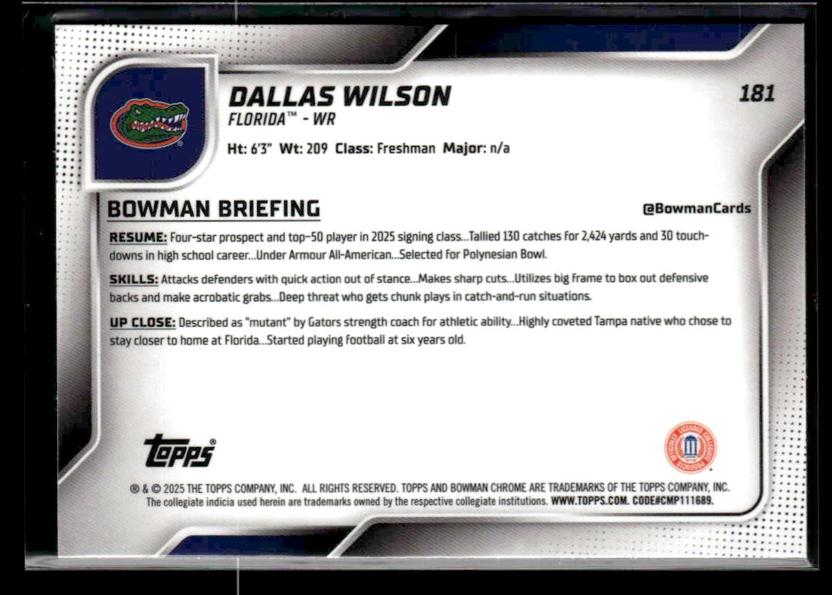 2025 Bowman University Chrome #181 Dallas Wilson